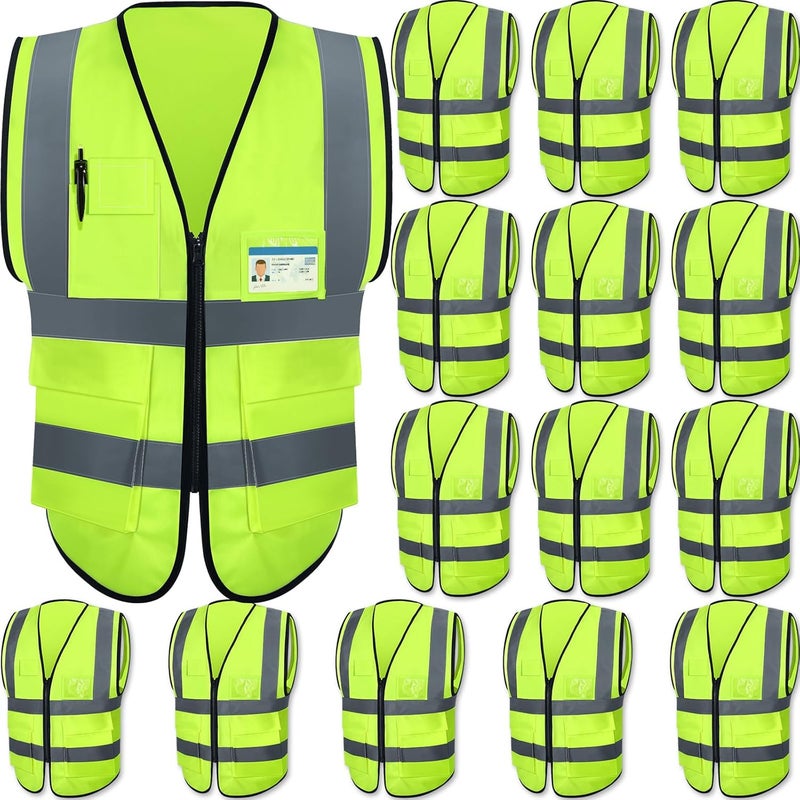 JaGely 15 Pack Reflective Safety Vests with Pockets and Zipper Construction Work High Visibility Vest for Men Women(Medium,Fluorescent Green) - Image 1
